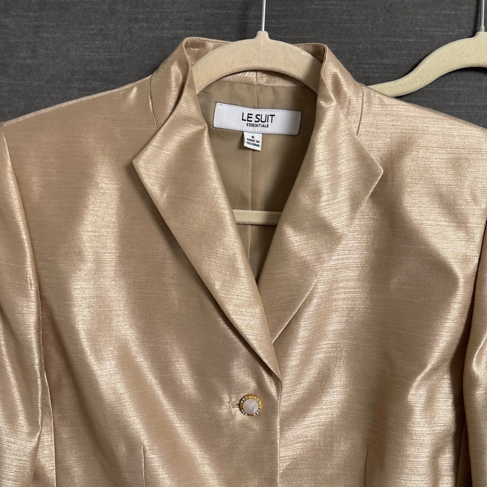 Le Suit Skirt Suit 6 Gold Satin Shimmer Metallic Formal Wedding Evening Mother - Picture 2 of 16